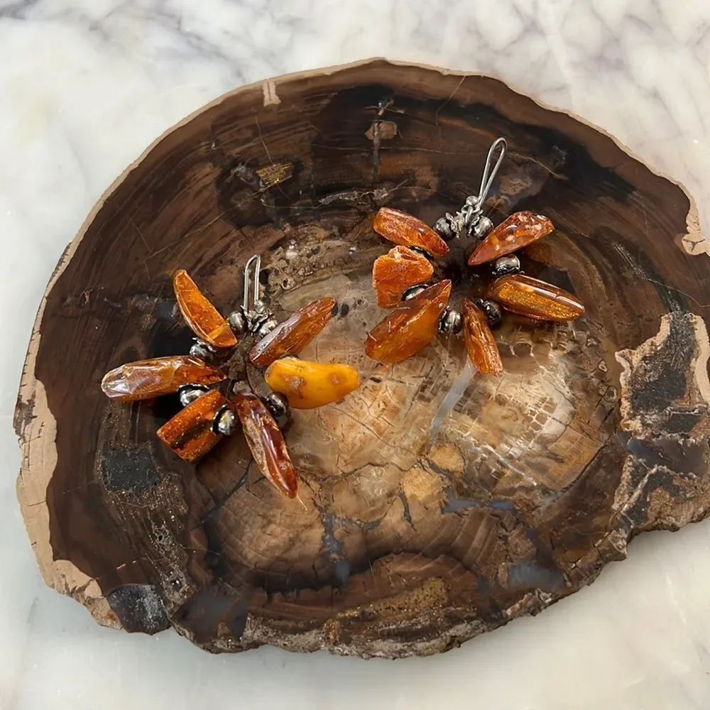 * Silver and Amber large bold statement earrings